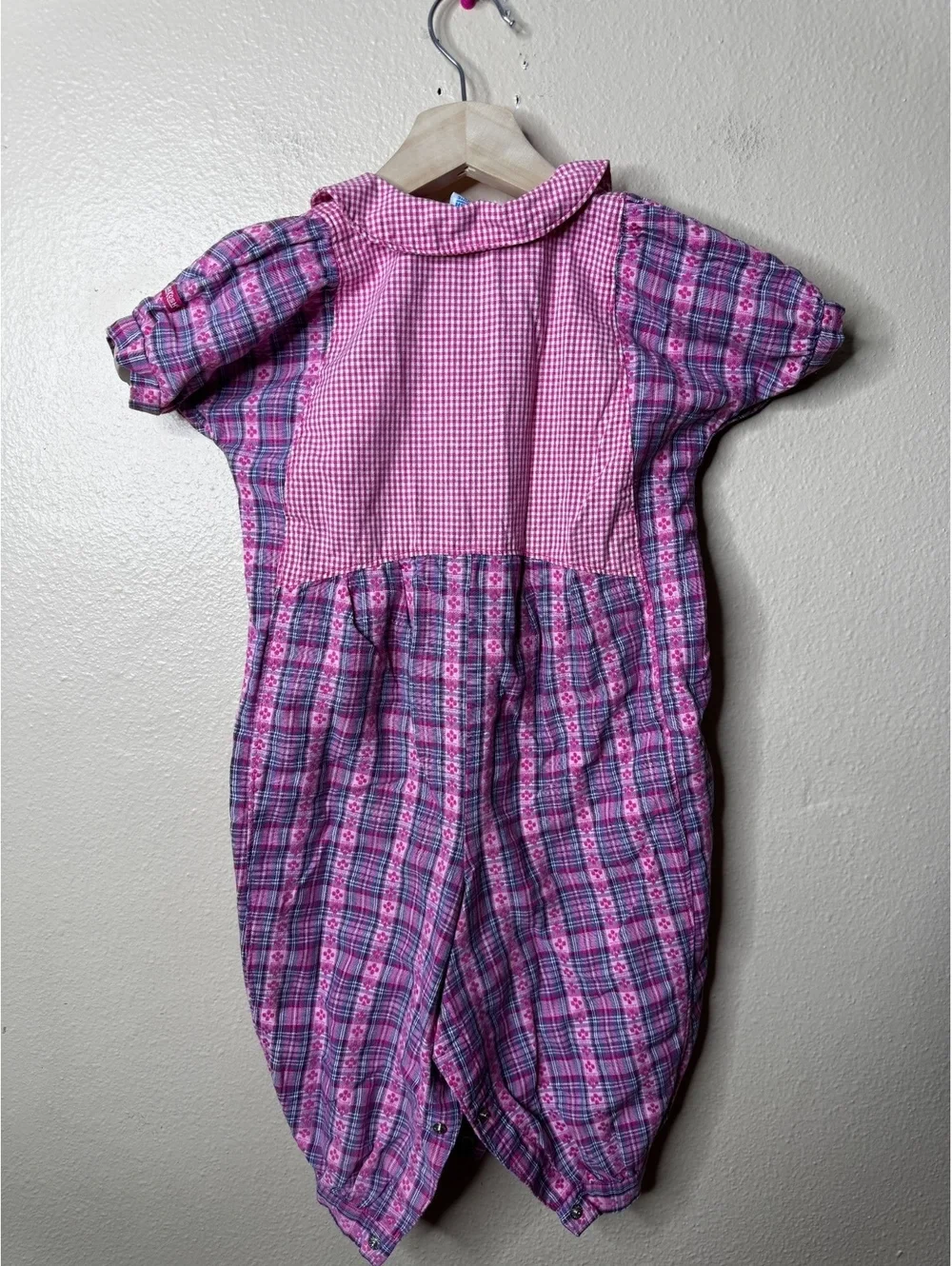 Vintage OshKosh Girls 24 Months Pink Plaid Cotton Romper One Piece USA Made